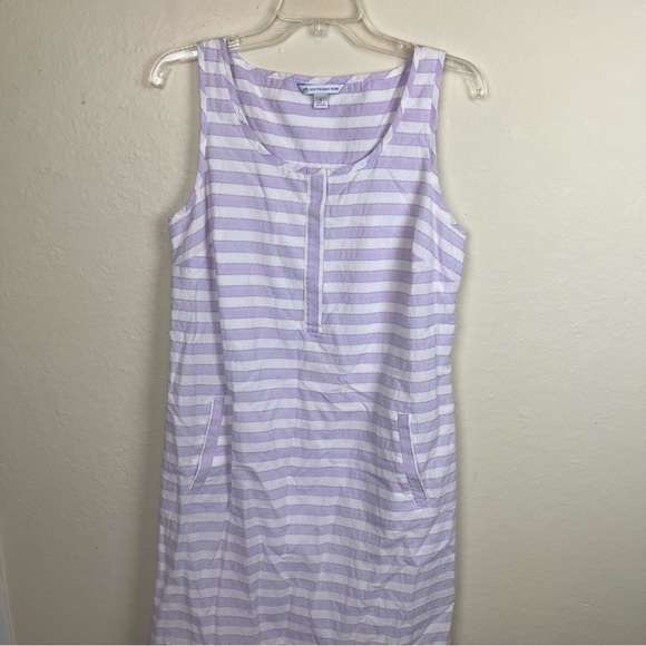 Southern Tide Corrine striped purple/white shift dress/fringe hem-woman’s small - Picture 2 of 11